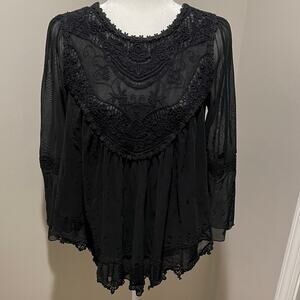 Indigo Thread Co. Black Mesh Lace Baby Doll Top Sz M Whimsigoth Fairygrunge